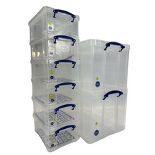 Load image into Gallery viewer, Set of 2 x 84 Litre &amp; 6 x 9 Litre Clear Strong Really Useful Home Storage Boxes with Lids