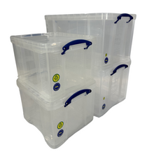 Load image into Gallery viewer, Set of 2 x 84 Litre &amp; 2 x 35 Litre Clear Strong Really Useful Home Storage Boxes with Lids