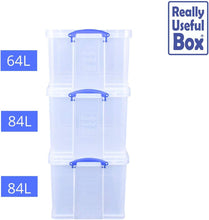 Load image into Gallery viewer, Mega Pack of 2 84 Litre and 1 64 Litre Large Clear Strong Really Useful Storage Boxes with Lids