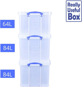 Mega Pack of 2 84 Litre and 1 64 Litre Large Clear Strong Really Useful Storage Boxes with Lids