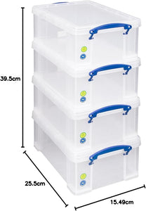 Pack of 4 9 Litre Clear Strong Really Useful Home Storage Boxes with Lids