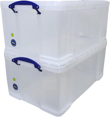 Pack of 2 64 Litre Large Clear Strong Really Useful Home Storage Boxes with Lids