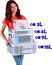 Load image into Gallery viewer, Pack of 4 9 Litre Clear Strong Really Useful Home Storage Boxes with Lids