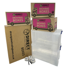 Load image into Gallery viewer, Pack of 30 Large Moving House Boxes with 2 84 Litre Plastic Storage Boxes 3 Rolls of Tape and 2 Pens