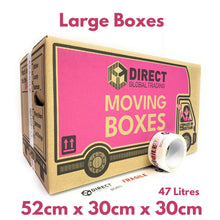 Load image into Gallery viewer, Pack of 30 Large Moving House Boxes with 2 84 Litre Plastic Storage Boxes 3 Rolls of Tape and 2 Pens